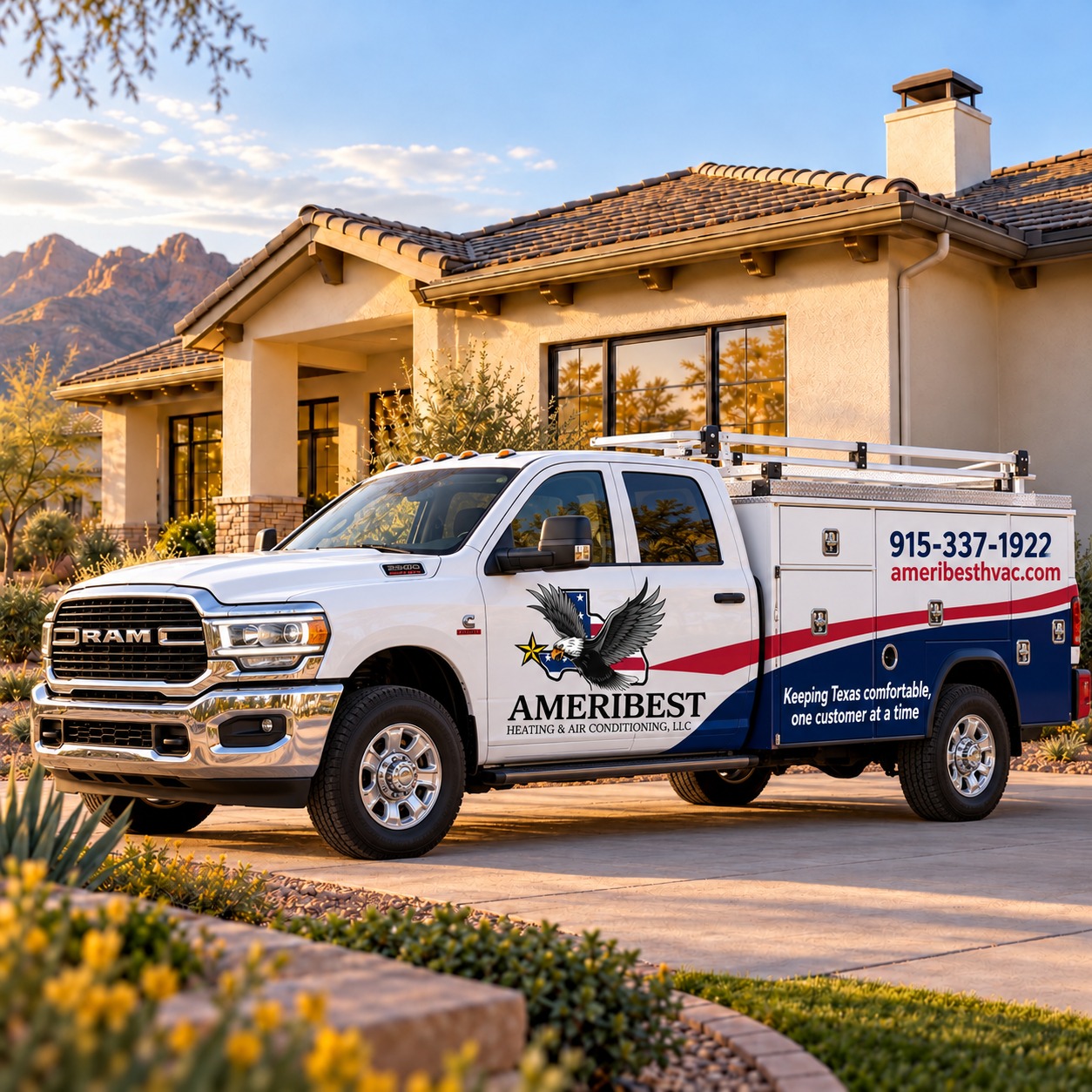 Illustrative Ameribest Ram service truck with company logo and slogan parked in front of a Southwestern home